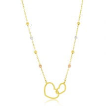 14K Yellow Gold, Double Heart &amp; Tri-Color D-C Bead Necklace - £448.03 GBP