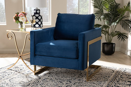 Clara Royal Blue Velvet Fabric Upholstered Gold Finished Armchair - $12,895.68 MXN