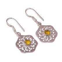 Lemon Quartz Round Gemstone 925 Silver Overlay Handmade Dangle Flower Earrings - £7.04 GBP