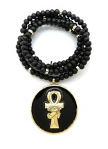 Eye Of Heru &amp; Ankh Cross Round Pendant 6mm/30&quot; Wooden Bead Chain Necklace RC3408 - £11.25 GBP