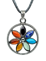 Chakra Flower Necklace Pendant Gemstones 7 Crystal Chakra Reiki Charged Corded - £10.26 GBP