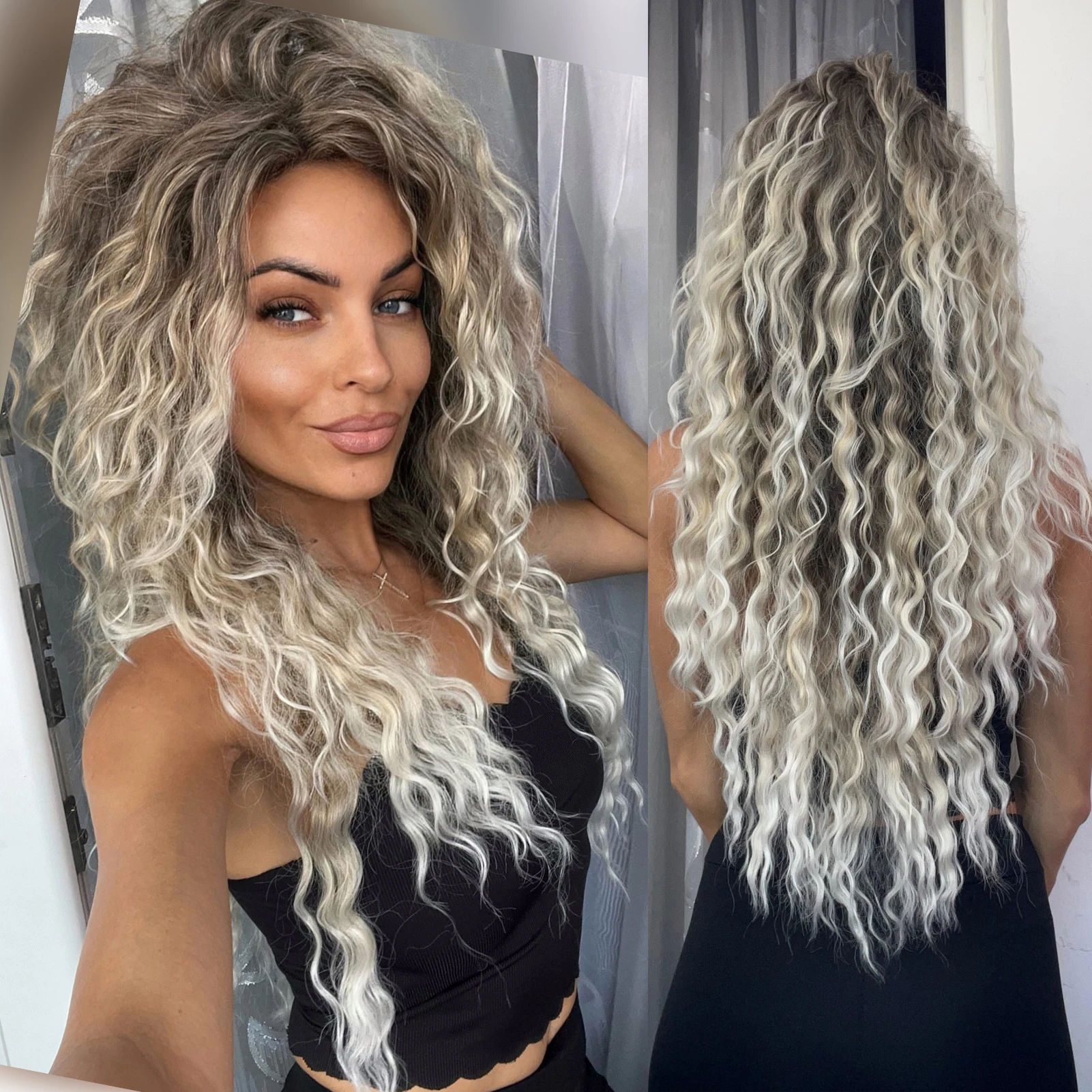 GNIMEGIL Synthetic Ash Blonde Long Wig Curly Hair 80s Wig for Woman Natur - £30.05 GBP