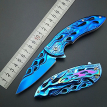 Blue Titanium Fire Flame 440C Rainbow belt clam Folding Pocket Knife - £67.52 GBP