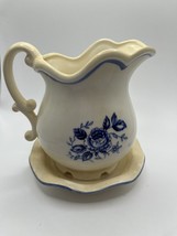 Blue Planter Small Pitcher Bowl With roses shabby chic Japan 4” - $12.20