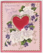 Vintage Valentine Card Red Puffy Heart Violets White Roses 1957 Norcross - $6.92