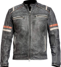  Cafe Racer Retro Distress Black Motorbike Orange Racing Cowhide Leather Jacket  - £68.65 GBP