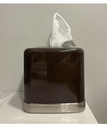 Vtg Chocolate Brown Porcelain Square Tissue Box Cover Retro Silver Rim T... - $49.21 CAD