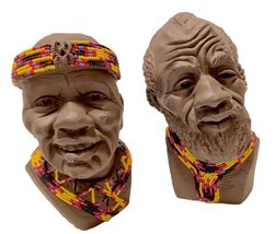 Vintage Tribal Art Bust Set Of Two 8 In Chalkware Unsigned Incredible Detail - £71.18 GBP