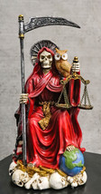 Seated Red Santa Muerte With Scythe Scales of Justice And Wise Owl Figurine 9&quot;H - £37.91 GBP