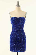 Royal Blue Sequin Strapless Black Mini Homecoming Dress - £102.63 GBP