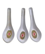 Set Of 3 White Melamine Chinese Soup Spoons With Red &amp; Green Pattern Design - $7.68