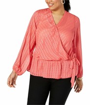 INC International Concepts Women&#39;s Plus Clip-Dot Wrap Top Polished Coral Size 3X - £15.41 GBP