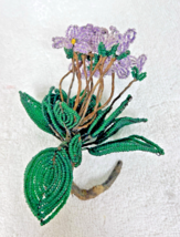 Vintage French Beaded Glass Wire Purple Violet Flowers Green Leaves Bouquet - $26.24