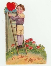 Vintage Valentine Card Boy on Ladder Red Heart Flowers 1920&#39;s Unused - $9.89