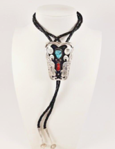 Vintage Navajo 925 Silver Floral Shadowbox Turquoise &amp; Coral Bolo Tie - $132.66