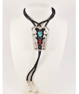 Vintage Navajo 925 Silver Floral Shadowbox Turquoise &amp; Coral Bolo Tie - €113,41 EUR