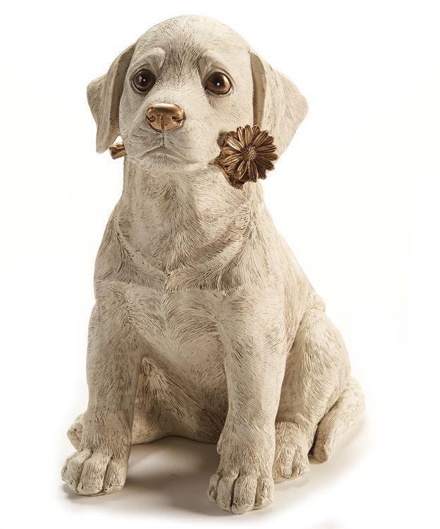 Dog Figurine with Gold Daisy Design Accent 11.81" high Cream Color Pet Garden  - $79.19