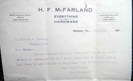 1916 antique HF MCFARLAND LETTER hardware RENOVO PA - £11.57 GBP
