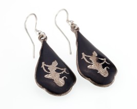 Vintage Sterling Silver Siamese Niello Etched Drop Earrings Double Sided - £78.86 GBP