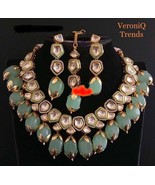 VeroniQ Trends-Indian Kundan Meenakari Necklace,Aqua Gemstones,Ad Stone,... - $104.05 CAD
