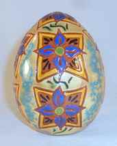2007 Breininger Glazed Large Yellow Redware Egg Sgraffito Flowers Blue Petals - £60.57 GBP