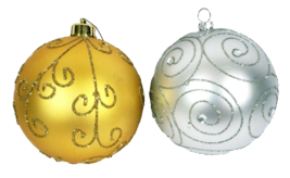 1 Gold &amp; 1 Silver W/Glitter Swirls Ornament Balls Set of 2 Shatterproof - $9.49