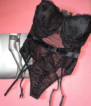 Victoria&#39;s Secret 36D garter TEDDY bodysuit FISHNET lace velvet BLACK - £93.42 GBP