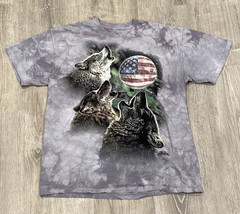 The Mountain Gray Tie-Dye T-Shirt Wolf Wolves &amp; American Flag Moon Mens L RARE - £27.77 GBP