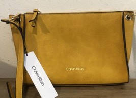 CALVIN KLEIN Reyna Crossbody Pebble Leather Mustard Yellow  Zip Shoulder... - $95.06