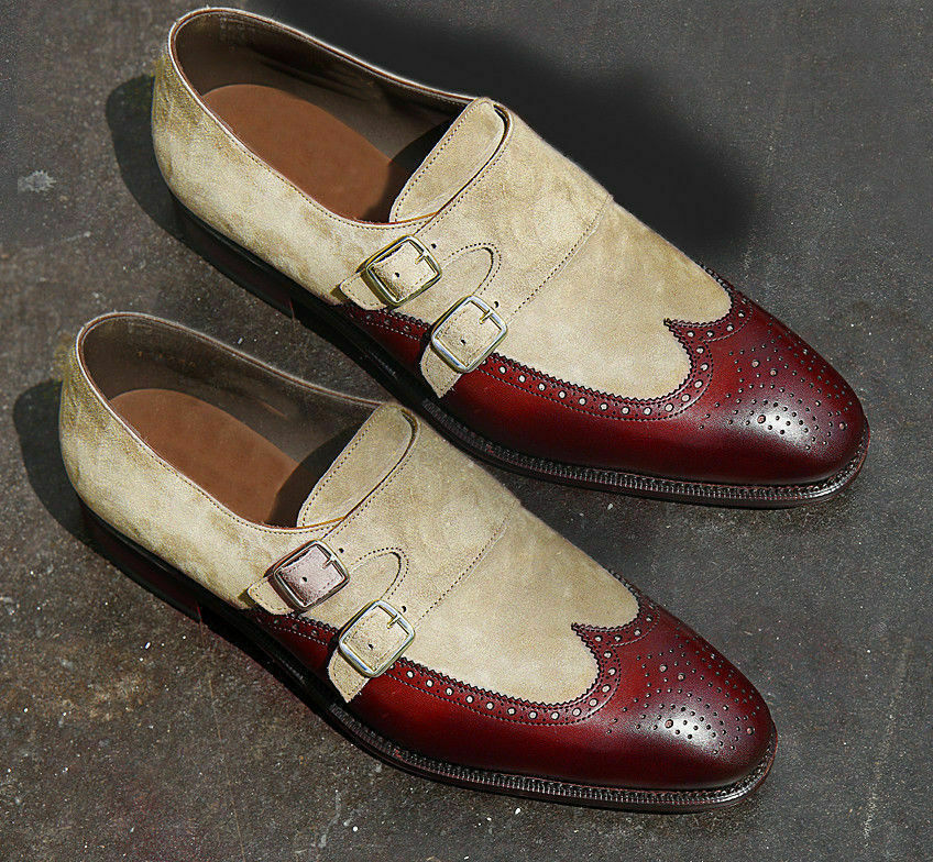 NEW Handmade Beige Burgundy Leather Suede Wing Tip Double Monk Straps Brogue sho