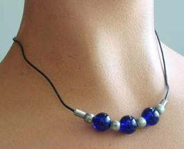 Elegant Cobalt Blue Glass Beads Silver-tone Cord Necklace 1970s vintage 17&quot; - £9.79 GBP