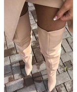 Beige Leather Over The Knee Boots Thin High Heel Sexy Pointed Toe Winter... - £172.17 GBP