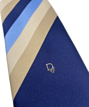 Vintage DIOR Necktie Christian Dior Designer Navy Blue Tan Beige Stripe ... - £34.81 GBP