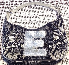 Justice Purse Glitter Letter Initial E Black Silver Love Peace - £10.24 GBP