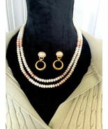 Pearl Necklace and Pierced Earrings,  Double String, 20&quot; Long, Pastel an... - $692.09 MXN