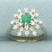 Untreated Emerald and Diamond Starburst Flower Ring in 18k Yellow and White Gold - £658.45 GBP