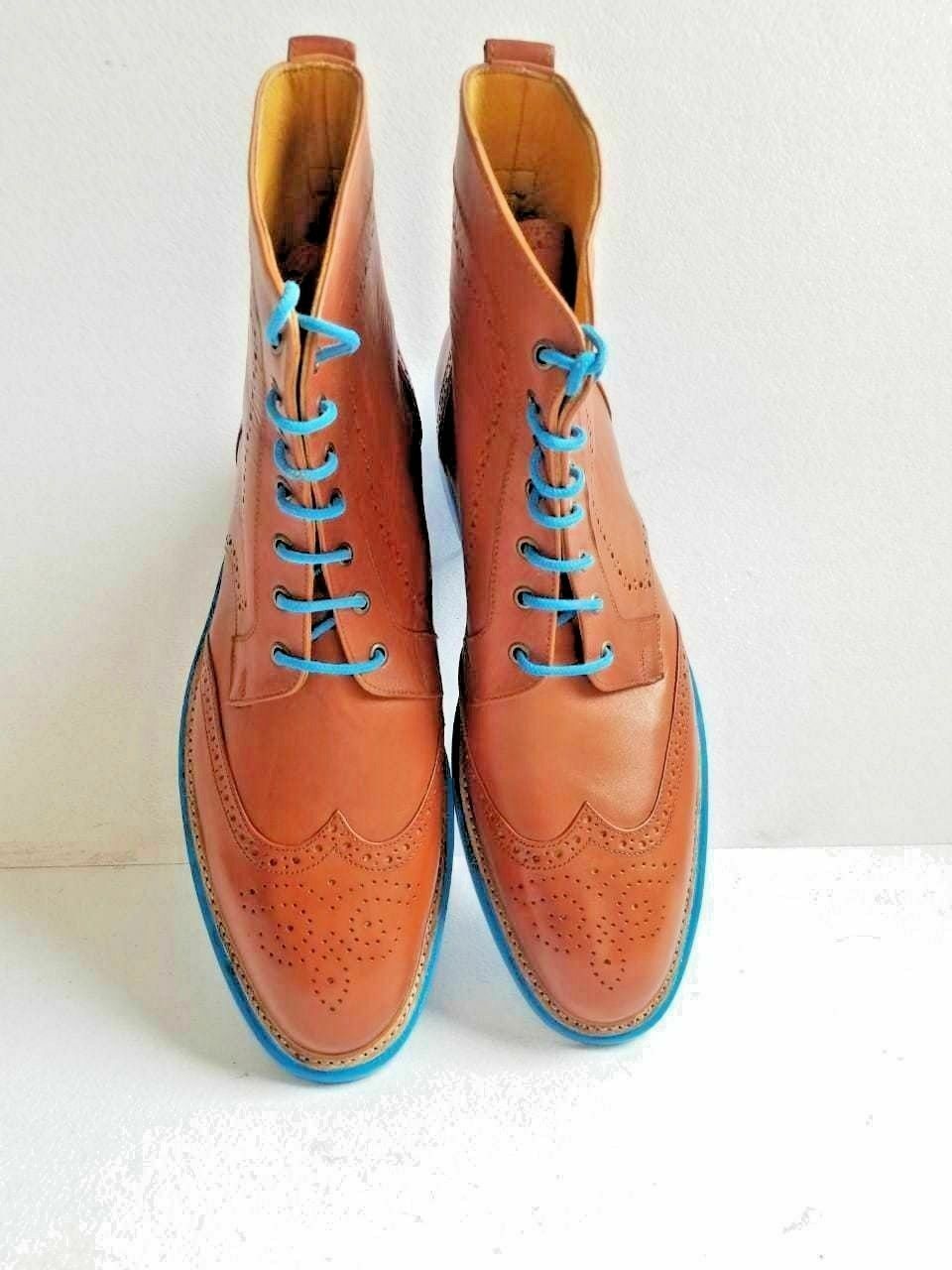 Handmade Men's Wingtip Ankle Marching Military Blue Lining Sole Formal Boots 201