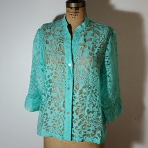 Sapphire Star Button Down Blouse Turquoise Green Leopard sheer 3/4 sleeve Size L - £21.57 GBP