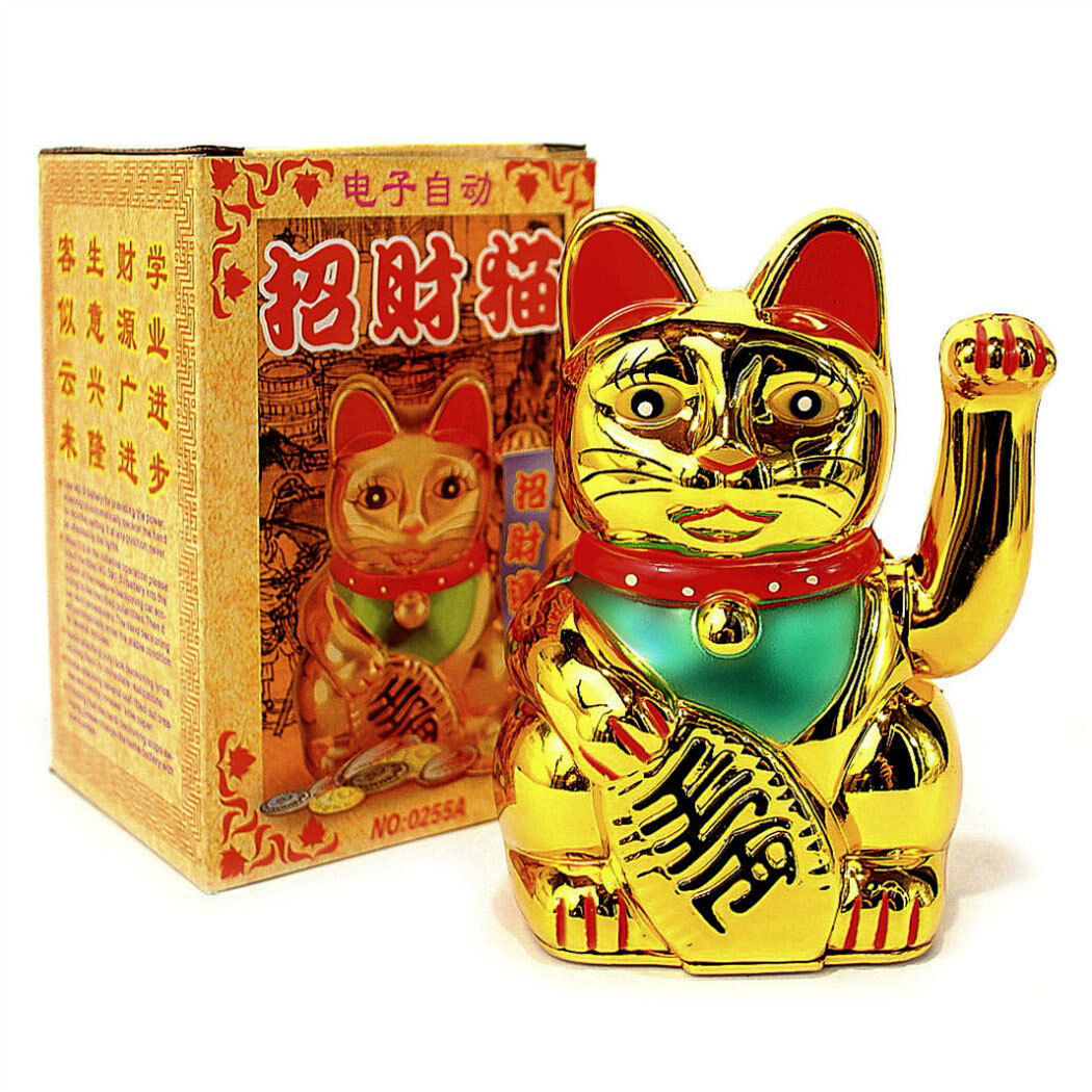 Primary image for LUCKY BECKONING CAT 6" Gold Wealth Waving Kitty Maneki Neko Feng Shui Japanese