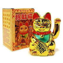 LUCKY BECKONING CAT 6&quot; Gold Wealth Waving Kitty Maneki Neko Feng Shui Ja... - £11.81 GBP