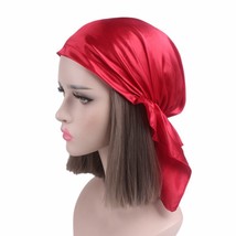 Thin Solid Color Satin Night Sleep Caps Silk   Long Tail Headscarf Hats Muslim W - £151.87 GBP