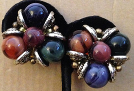 Vintage Mid Century 1950s Textured Gold Capped Glass Marble Ball Beads Round Clu - £24.77 GBP