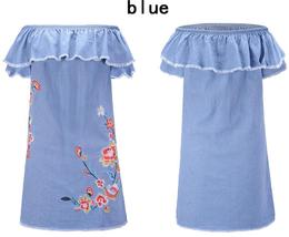 Women&#39;s faux denim skirt summer boat collar embroided ruffle dress - $29.80