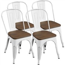 4Pcs Metal Dining Chair Fir Wood Chair Stackable Wooden Seat With Backrest White - £220.30 GBP