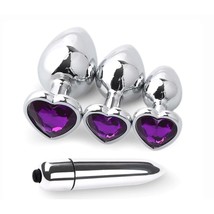 Anal Plug Trainer Set With Three Sizes Of Heart Shape (Dark Purple) Jewel Handle - £27.86 GBP