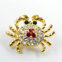 Green Eyes Clear Red Rhinestone Crab Gold Tone Lapel Pin Tie Tack Animal Jewelry - $12.99