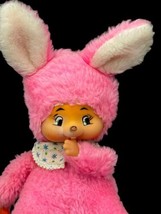 Vtg Monchhichi Easter-Pet Pink Bunny Rabbit Plush Carrot Rubber Face Thumb Bib - £15.85 GBP