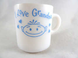 Vintage Milk Glass Coffee Cup Mug I LOVE Grand White w Blue Script - £9.48 GBP