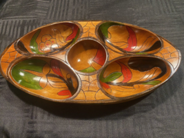 Vintage hand carved and painted wooden snack tray bowl dish tropical boho - £31.93 GBP