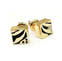 Safari Earrings Gold 14KW Hot Enamel Modern Fashion Design Black Diamonds Gift - £398.11 GBP